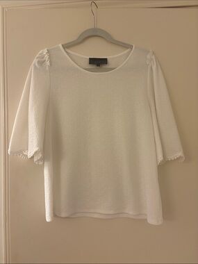 Women's White Scoop Neck Textured Top with Crochet Trim Sleeves